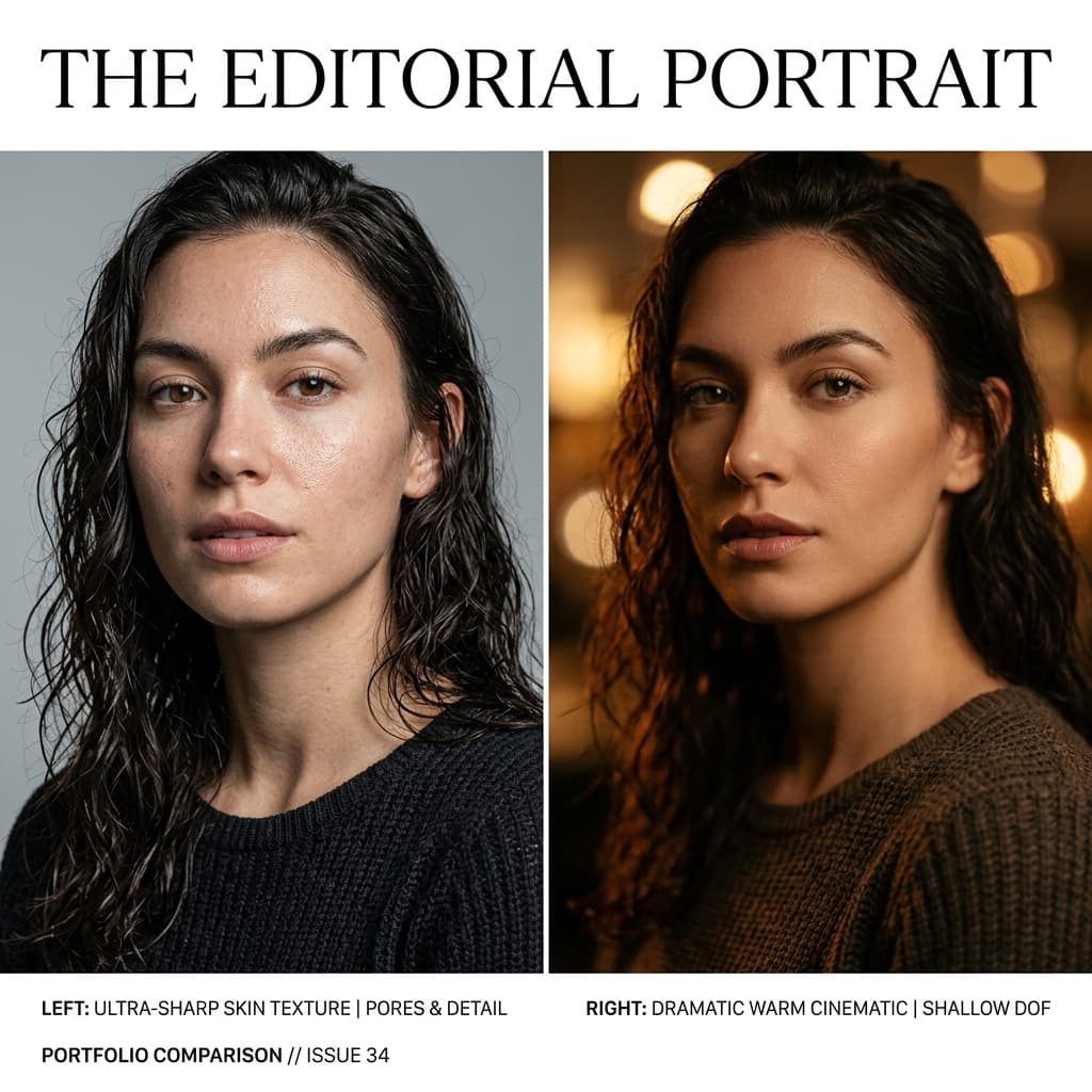 Side by side photorealistic portrait comparison between FLUX.1 and Midjourney v7